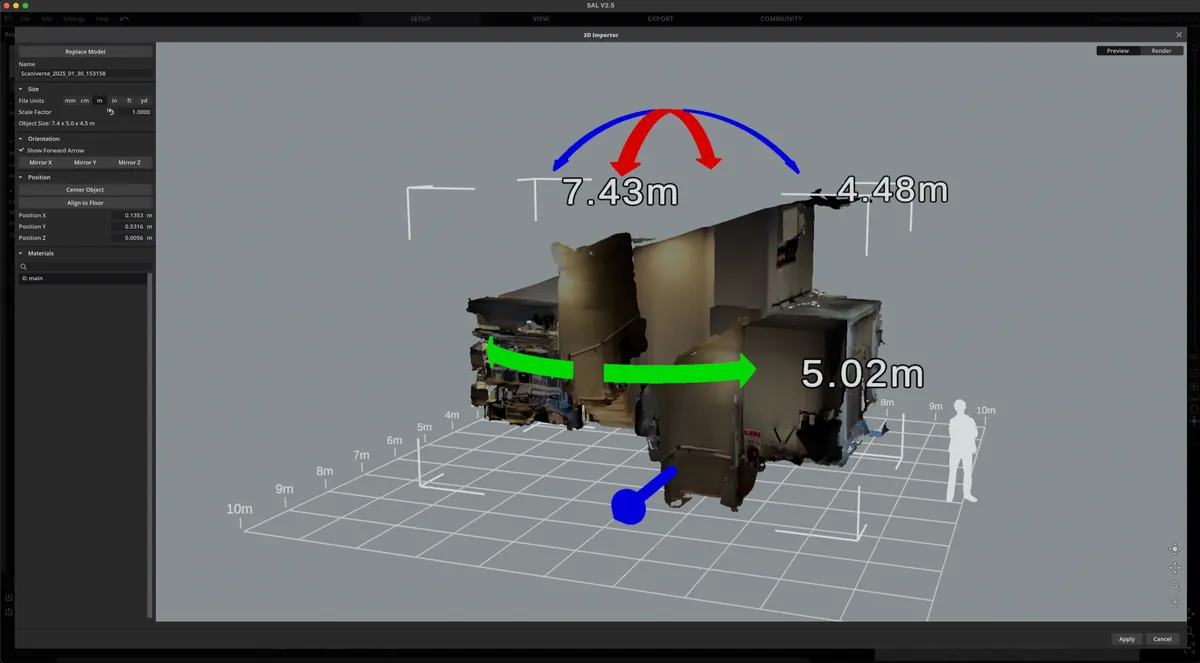 3Dスキャンデータのプレビュー画面。部屋が立体的に再現され、幅7.43m、奥行き4.48m、高さ5.02mの寸法が数値で示されている。