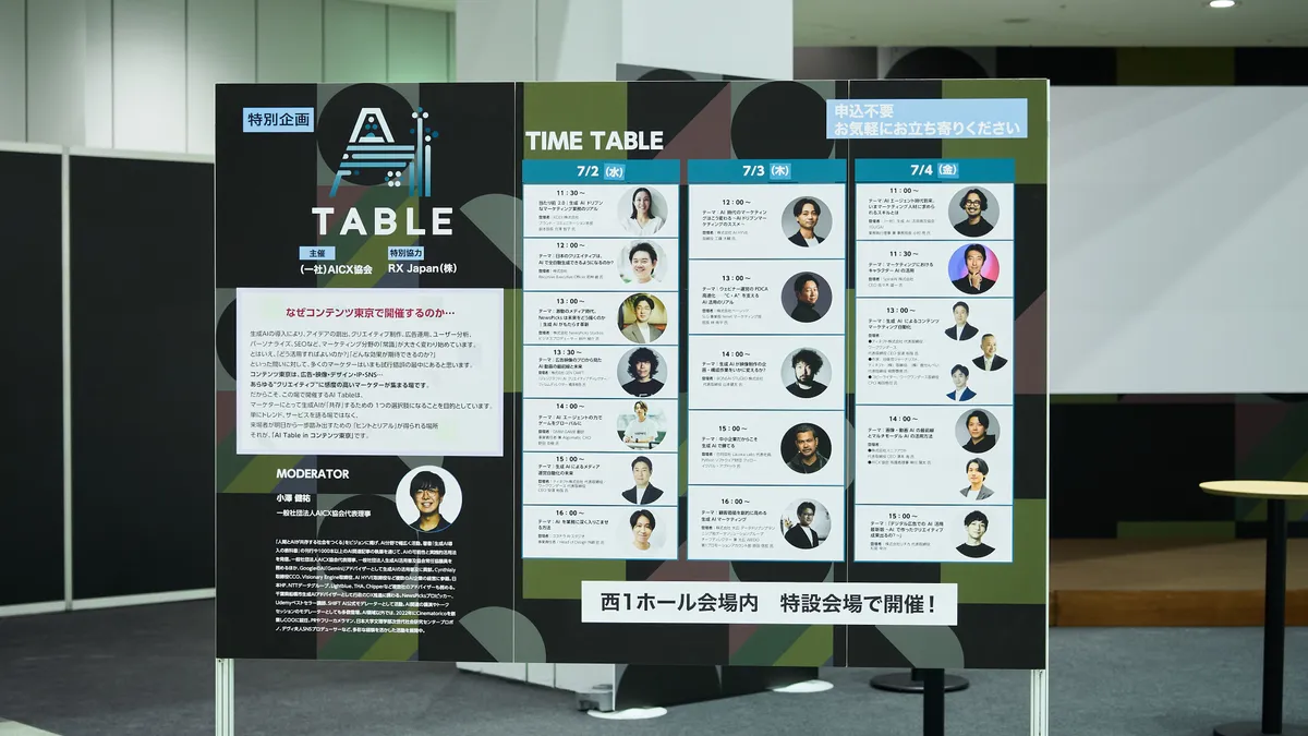 「AI TABLE」というイベントのタイムテーブル掲示板。7月2日から4日までのスケジュールと、各セッションの登壇者・モデレーターの写真やプロフィールが一覧で紹介されている。