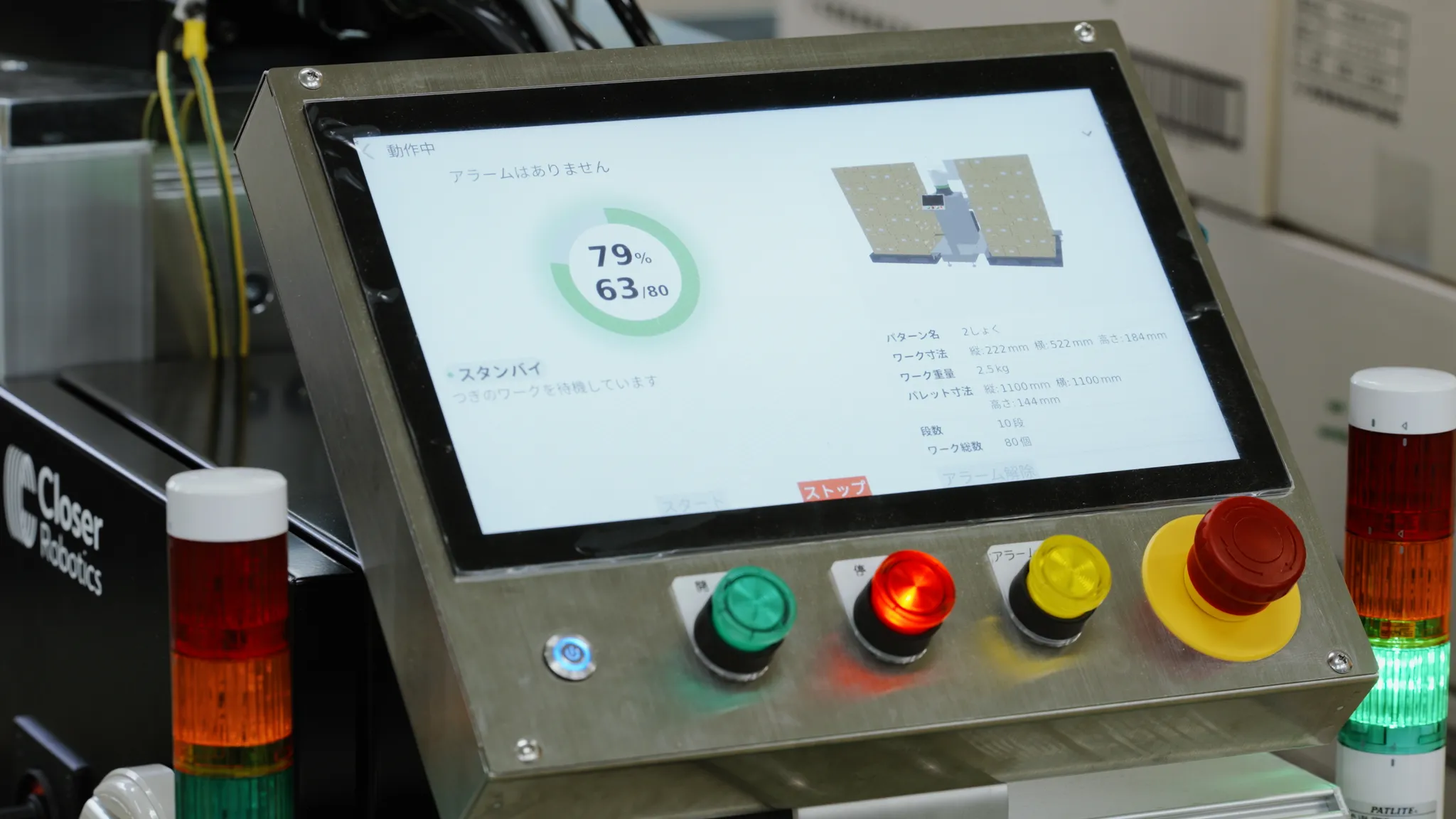 産業用機械の操作パネルのクローズアップ。画面には「動作中」「79% 63/80」「スタンバイ」などの文字や、積載パターンを示す図が表示されている。複数の操作ボタンも見える。