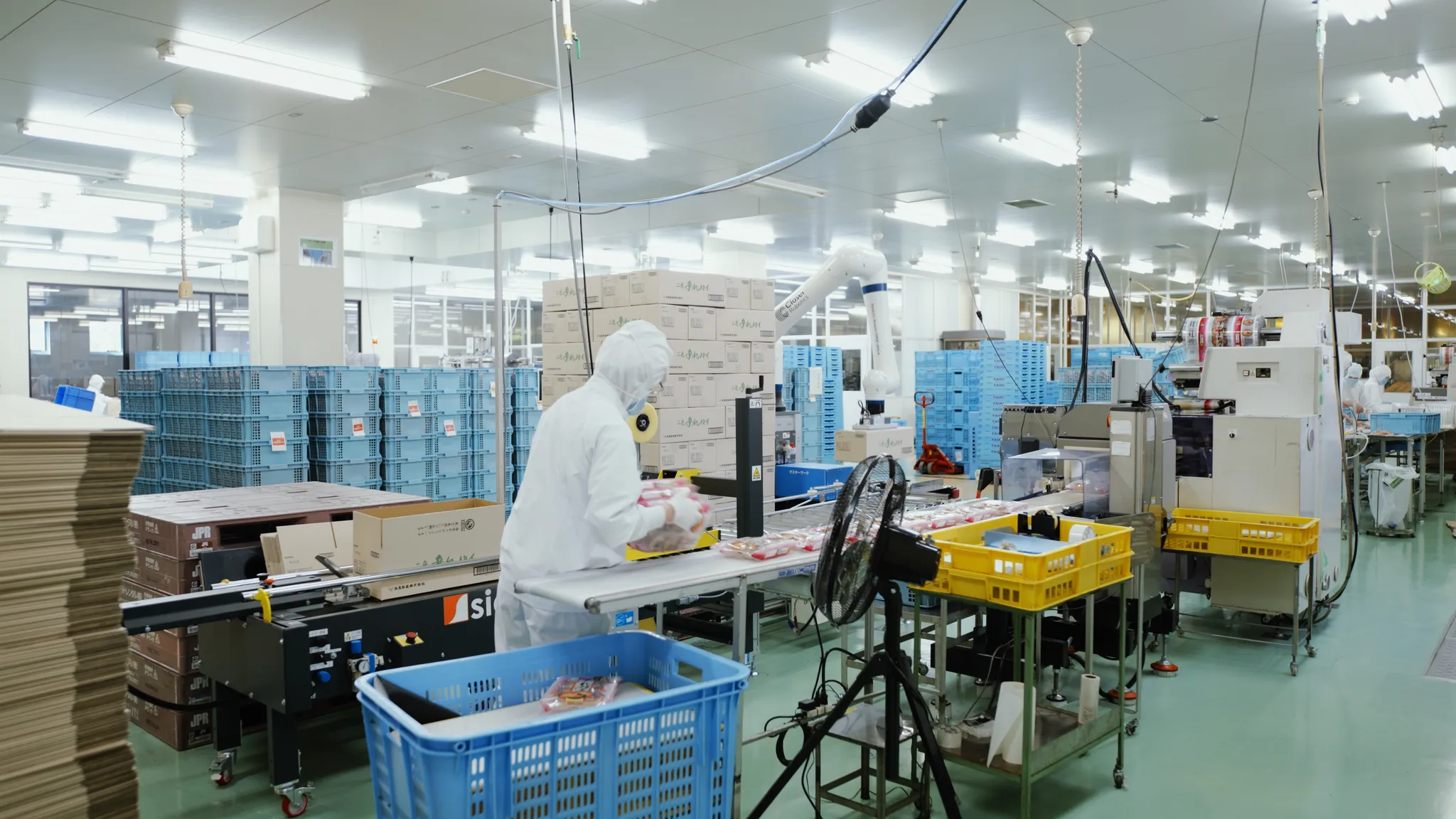 白い衛生服を着用した作業員が、工場内で個包装された製品を扱っている。背景にはロボットアームや多数の青いカゴが見える。