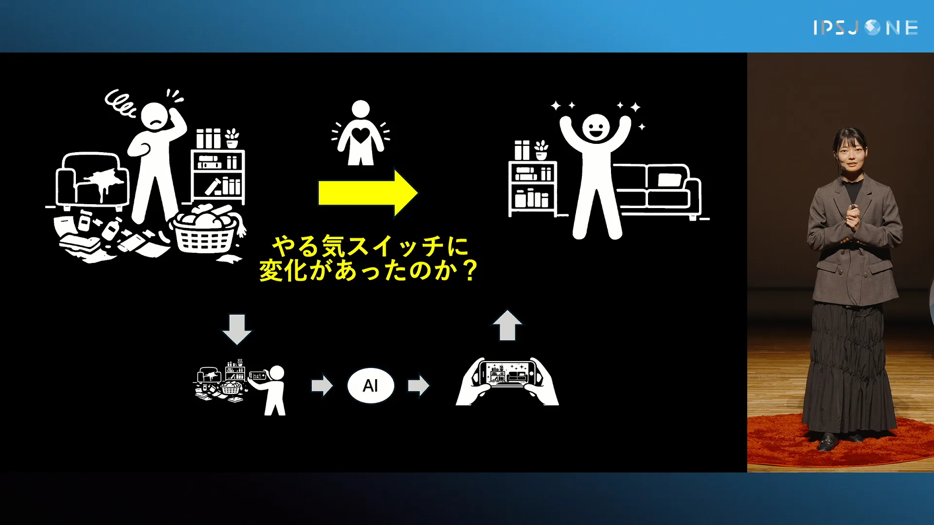 プレゼンテーション中の1フレーム。左にスライド、右に登壇者が表示されている。
