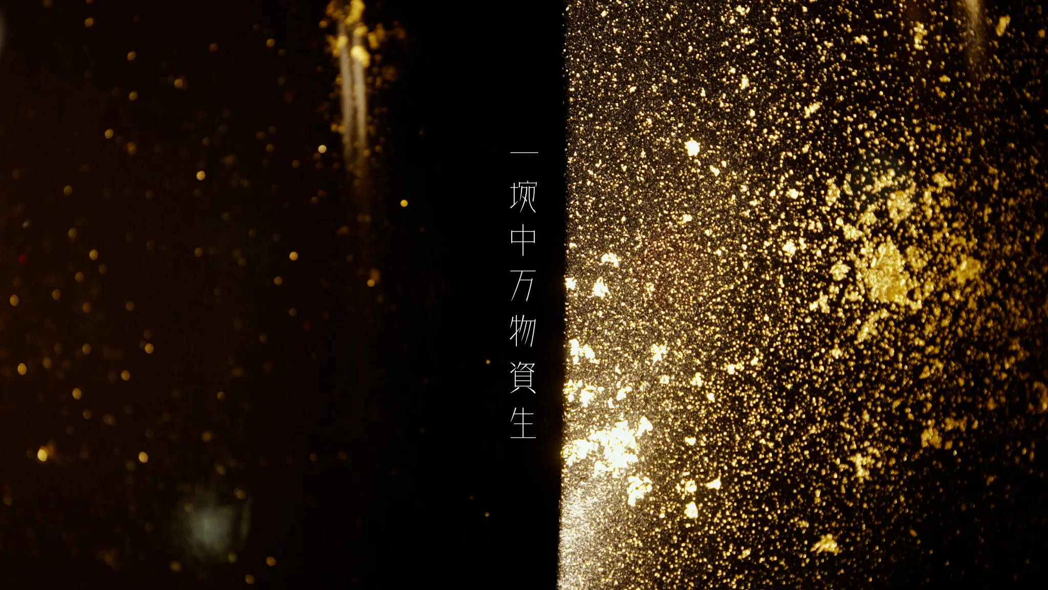 金色の蒔絵のきらめきが広がる暗い背景の中央に「一埦中万物資生」という白い文字が縦書きで配置されたシーン。