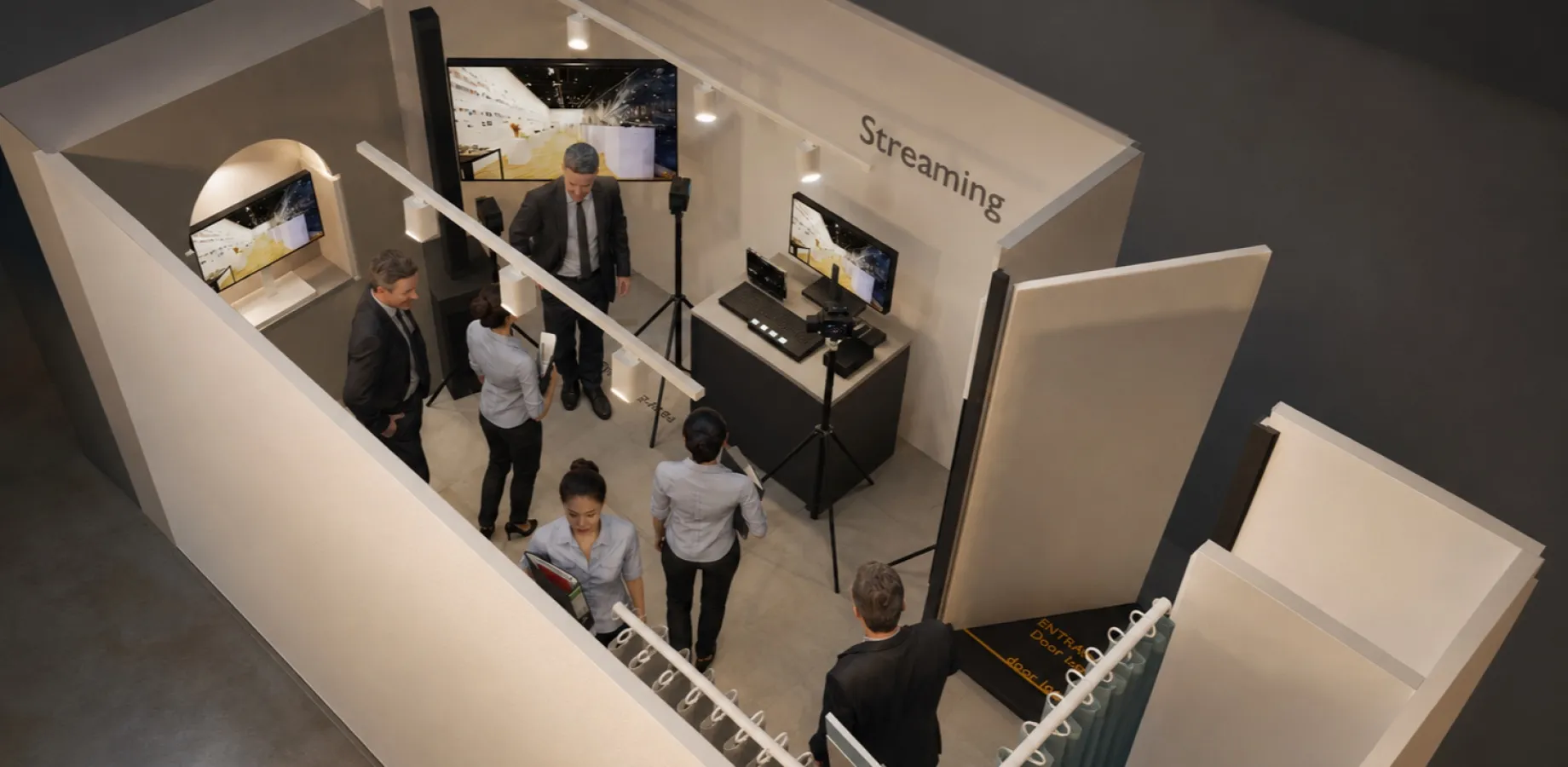 ギャラリー空間に映像制作やライブ配信の機材が展示され、来場者が見学している会場イメージ。
